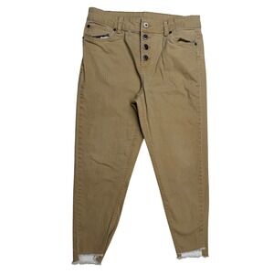 Jeaniologie Roxy Tan Skinny Jeans Button‎ Fly Raw Step Hem Neutral Boho Size 12
